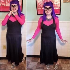 Vintage 90s Y2k Black Halter Neck Midi Dress Women's Size 14 100% Silk Goth